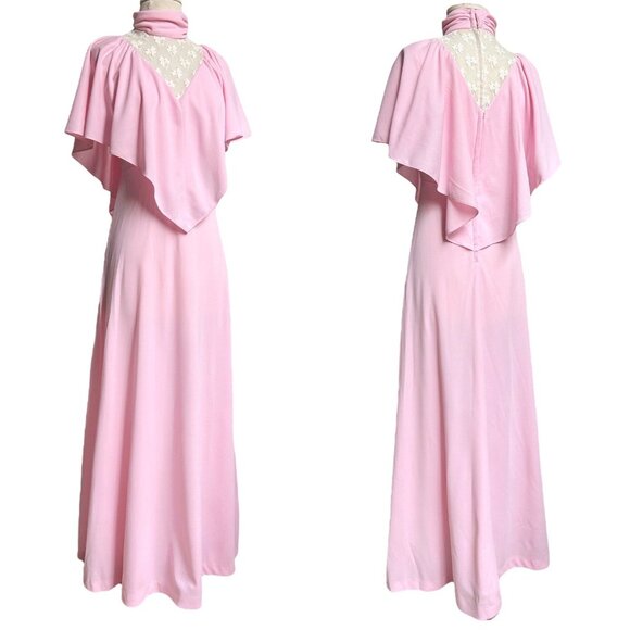 70s vintage victorian maxi dress Cape Sleeve lace cutout cottage high collar. - Picture 4 of 7